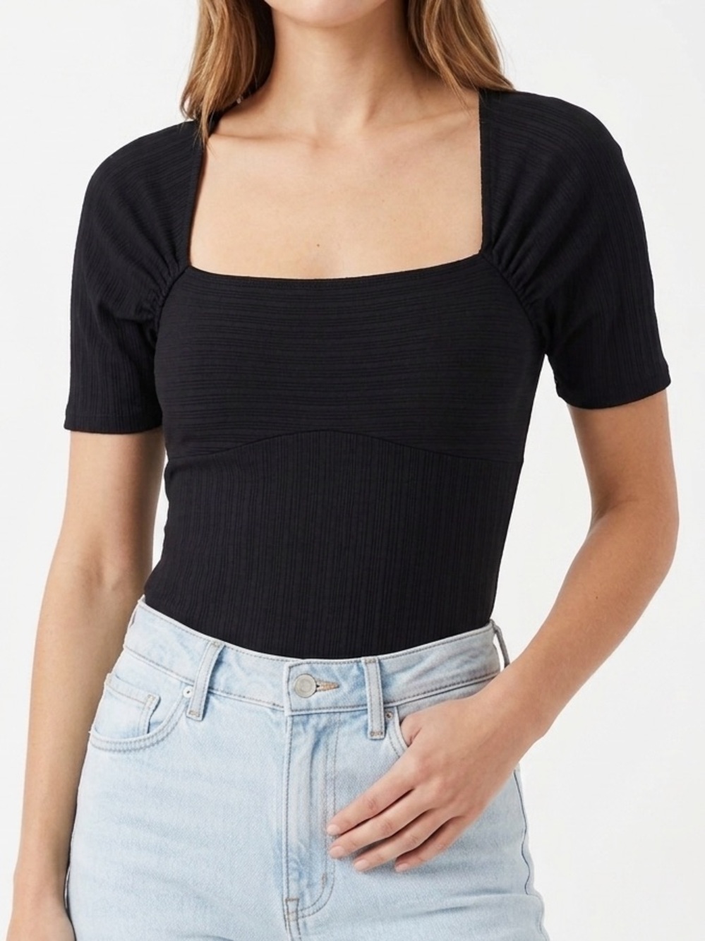 Lost + Wander Ribbed Square Neck Short Sleeve Top - Black, universal, classic